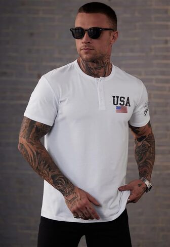 Men's Patriotic Henley Shirts Distressed American Flag 1776 Vintage Muscle T-Shirts (S-3XL) in Saudi Arabia