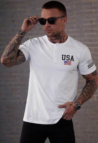 Men's Patriotic Henley Shirts Distressed American Flag 1776 Vintage Muscle T-Shirts (S-3XL) in Saudi Arabia