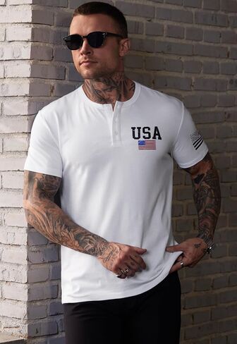 Men's Patriotic Henley Shirts Distressed American Flag 1776 Vintage Muscle T-Shirts (S-3XL) in Saudi Arabia