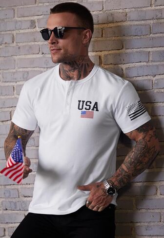 Men's Patriotic Henley Shirts Distressed American Flag 1776 Vintage Muscle T-Shirts (S-3XL) in Saudi Arabia