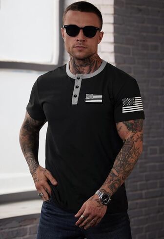 Men's Patriotic Henley Shirts Distressed American Flag 1776 Vintage Muscle T-Shirts (S-3XL) in Saudi Arabia