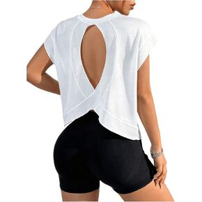 Soly Hux Open Women's Open Tops Criss Cross Cut Out Backless Tee Cap Sleeve Yoga Athletic T Shirt