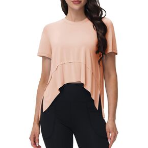 MAGCOMSEN Workout Top for Women Short Sleeve Athletic Yoga Crop Shirts Flowy Side Slit Loose Fit Tee Gym Yoga