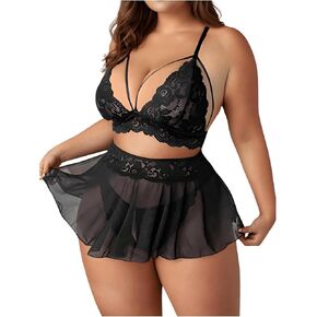 OYOANGLE Women's Plus Size 3 Piece Mesh Sheer Cut Out Bralette Bra and Panty Lingerie Set Sleepwear
