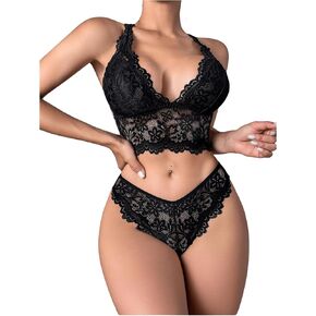 OYOANGLE Women's 2 Piece Lingerie Set Pearl Beaded Lace Sheer Bra and Panty Underwear Sets