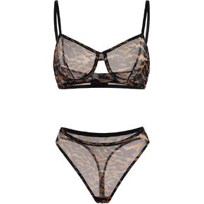 Floerns Women's Cheetah Print Lingerie Set See Through Leopard Bra and Panty Sets