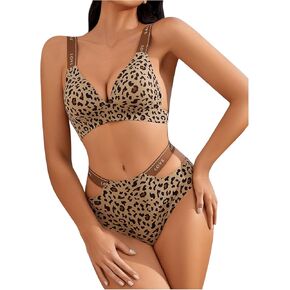 SOLY HUX Women's Leopard Print Lingerie Set Seamless Wireless Bra and Panty 2 Piece Lingerie Sets
