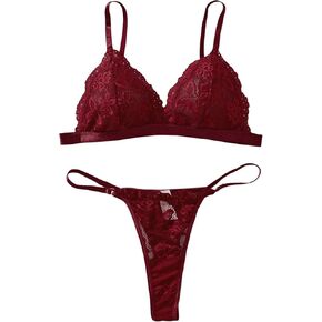 Women's Lace Floral Sheer Lingerie Spaghetti Strap Wireless Bra and Panty Set 2 Piece