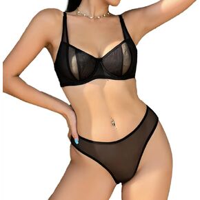 Women's Sexy Mesh Sheer Underwire Push Up Lingerie Set See Through Bra and Panty 2 Piece Leopard