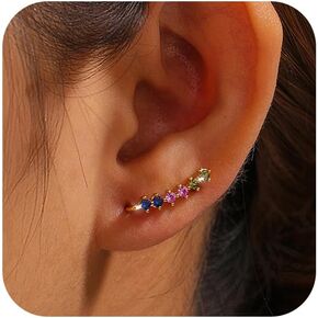 Dainty Colorful Cubic Zirconia Ear Climbers Earrings for Women 925 Sterling Silver 14K Gold Plated Rainbow Gemstone Crawler Earrings Stud Earring Hypoallergenic Ear Clips Jewelry Graduation Gift