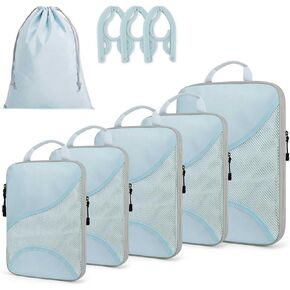 Compression Packing Cubes for Travel 6 Set Premium Luggage Organizers with 3 Travel Hangers, Expandable Ultra-Lightweight Mesh Trip Essentials Bags Durable for Vacations and Backpacking(Blue)
