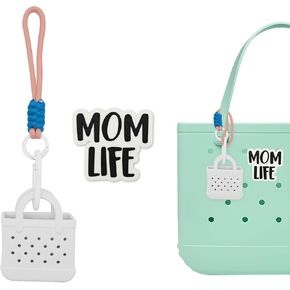 Mini EVA Bag Charms for Bogg Bag – Small Open-Top Pouch with Paracord Carabiner & “Mom Life" Charm – Holds Keys, Earbuds & Small Essentials – Fits All Rubber Beach Bags-White