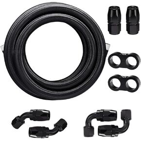 10AN 10FT Fuel Line Hose Kit, Nylon Stainless Steel Braided Fuel Line Oil/Gas/Fuel Hose End Fitting Hose with 8PCS Swivel Fuel Hose Fitting Adapter Kit - Black(8PCS Kit))