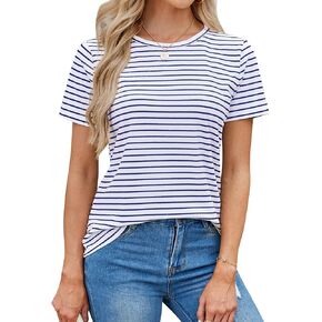 Lilycoco Women's Short Scriped Derive Shirt Summer Crewneck T Shirt Basic Tops