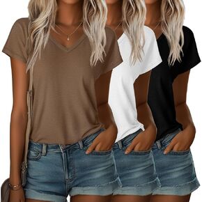 Ficerd 3 Pack Women’s V Neck T Shirts Cap Sleeve Top for Summer Spint Short Sleeve 2025 Tendy Basic Tees