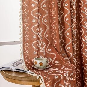 Boho Linen Curtains for Living Room Patterned Farmhouse Curtains 2 Panels,Vintage Tassel Terracotta Floral Window Curtain for Bedroom Dining Room Kitchen 84 Inch Long,Rust Orange