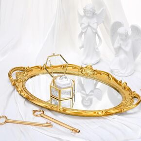 Weysat 153 Pcs Ellipse Antique Decorative Mirror Tray with Vintage Glass Jewelry Organizer Box Velvet Jewelry Ring Box Acrylic Diamond for Wedding Photographer Detail Props Ceremony Antique Decor