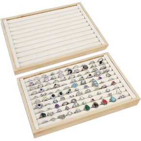 MOOCA 2 pcs Set Bamboo Ring Display Tray, Ring Organizer Beige Suede Insert, Jewelry Tray, 100 Slot Foam Jewelry Organizer, Beige Color, 14W x 9.6D x 1.2H in