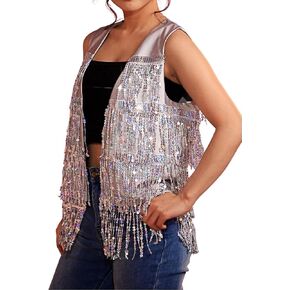 Edary Sequin Fringe Sleeveless Vest Sparkly Tassel Open Front Waistcoat Jackets Night Club Disco Vests Coat for Women
