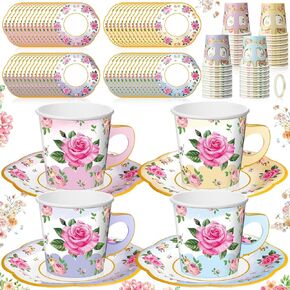 Umigy 60 Sets Tea Party Decorations Floral Paper Tea Cups with Handle and Plates Disposable Blossom Teacups and Saucers Sets with Tape for Hot Cold Drink Birthday (Multicolor,6.5 Oz)