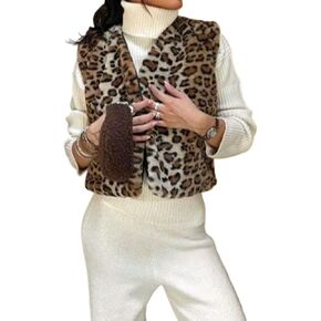 Leopard Print Fleece Vest Women Faux Fur Vest Coat Cheetah Casual Sleeveless Jacket Y2k Fall Winter Outerwear