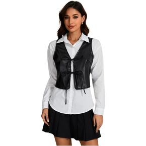 MakeMeChic Women's PU Leather Tie Front Vest Sleeveless V Neck Jacket Outerwear