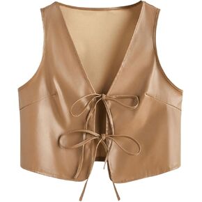 MakeMeChic Women's PU Leather Tie Front Vest Sleeveless V Neck Jacket Outerwear in Kuwait