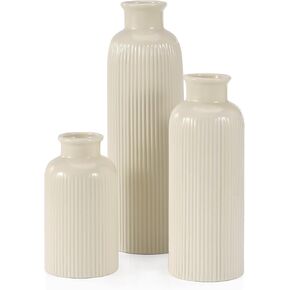 White Ceramic Vase Set of 3, Boho Modern Black Flower Vase Room Decor, Farmhouse Decor, Vases for Your Kitchen, Bathroom, Bedroom, Living Room, Office&Shelf Centerpiece Table Decorations