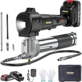 Electric Grease Gun, 10000 PSI Super Efficient Battery Powered Grease Gun Kit with 2 Batteries and Charger, 39.4" Flexible Hose, Cordless Grease Gun with Super Bright LED Light, Black