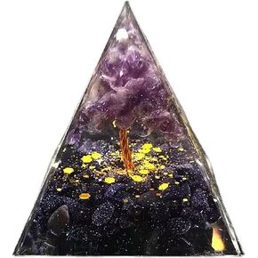 Orgone Pyramid, Crystals and Healing Stones Amethyst Crystal Tree & Obsidian Positive Energy Crystal Pyramid for Meditation, Chakra, Reiki, Healing, Spiritual Decor, Crystal Gifts