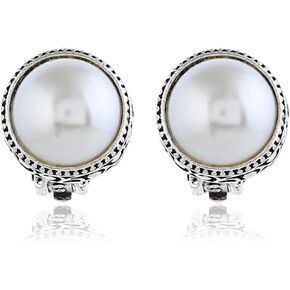 Vintage Silver Tone Gothic Carved Pearl Ear Clips For Men Women