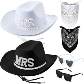 6 Pieces Bride and Groom Cowboy Hat Set Include Black and White Felt Rhinestone Mr and Mrs Cowgirl Hats with Sunglasses Bandanas for Party Wedding Bachelorette Couple Gifts