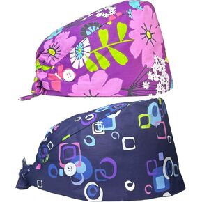 2 Pack Scrub Caps Women, Working Cap Surgical Cap, Head Cover with Buttons and Sweatband, Nurse Caps for Women Scrub, Adjustable Scrub Hats Working Hats Elastic Bouffant Caps Multicolor