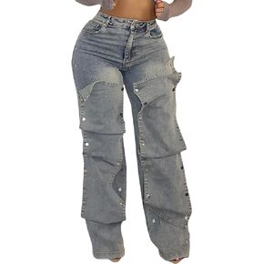 NRTHYE Women Cargo Jeans High Waisted Straight Wide Leg Jeans Pants Button Detachable Denim Cargo Trousers