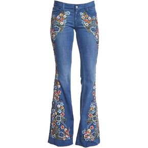 AULKEEP Women Embroidery Bell Bottom Jeans Slim Washed Floral Graphic Blue Jean Casual High Waist Pants