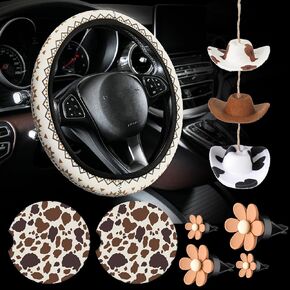 8 Pcs Western Car Accessory Set Cowboy Steering Wheel Cover Ceramic Car Coaster Daisy Flower Air Vent Clips Air Freshener Cow Hat Car Hanging Ornament for Most Cars Truck SUV Women