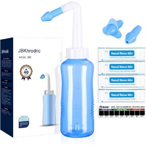 Neti Pot Sinus Rinse Bottle,Nasal Wash Bottle,Sinus Rinsing Cleaner Pressure Rinse Nasal Irrigation with Sticker Thermometer for Adult & Kid (300ml with 40 Nasal Wash Salt Packets)