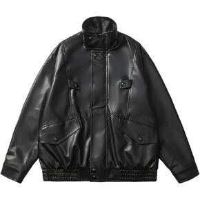 Mens Faux Leather Jacket Full-Zip Stand Collar Outerwear Lightweight Motorcycle Jacket