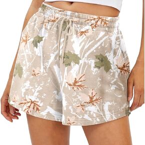Lauweion Womens Lounge Camo Sweat Shorts Athletic High Waist Drawstring Maple Leaf Camouflage Workout Shorts with Pockets