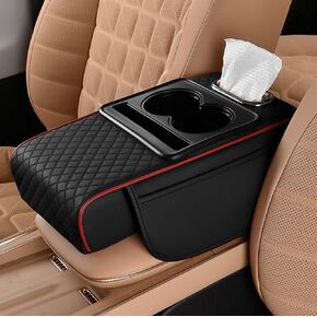 Car Armrest Cushion for SUV with Cup Holder 2.75"Height,5-in-1 Center Console Cover with 2 Storage Bags, Tissue Box Slot, Phone Slot for Sedans, Car Accessories Interior Organizers (Black Red)