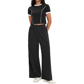 Womens 2 Piece Sets Summer Outfits Short Sleeve Crop Tops Wide Leg Pants Tracksuit Sets Matching Sweatsuit