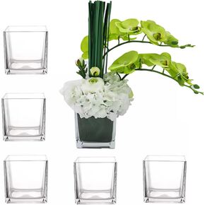 Set of 6 Square Glass Vases 4" x 4" x 4",Clear Flower Vase,Candlestick,Suitable for Wedding Centerpieces、 Home Floral Decoration、Flower Decoration for VariousParty Events
