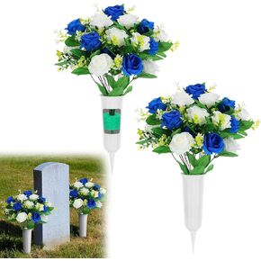 Aulock 2 Sets Cemetery Vases with Artificial Flowers for Grave - Total 36 Vibrant Red & White Roses Bouquet, Memorial Day Flower Holders Kits with Fixing Foam for Headstones Decoration