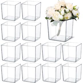 Tioncy 12 Pcs Clear Square Vase 5'' x 5'' Acrylic Flower Plastic Vases for Centerpieces Acrylic Cube Plastic Container Bulk Succulent Pots Planters for Plant Wedding Home Office Floral Decor
