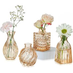 Hewory Small Glass Fass for Flowers: مجموعة من 4 مزهريات Mini Bud للطاولات المركزية - مزهرية زهرة عتيقة لديكور منزل حفل الزفاف (Gold Rose Gold)