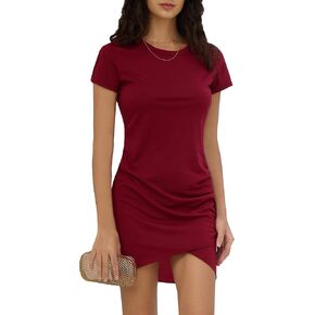 Women Summer T Shirt Casual Dress Crew Neck Wrap Ruched Bodycon Short Sleeve Party Club Mini Dresses
