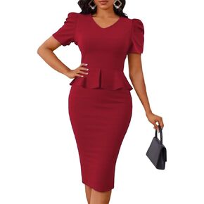 Mokayee Womens Summer Puff Sleeve V Neck Peplum Church Business Work Pencil Dresses
