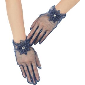 Women's Short Mesh Floral Gloves Tea Party Gloves Wedding Tulle Glove for Bridal Evening Prom Accessories
