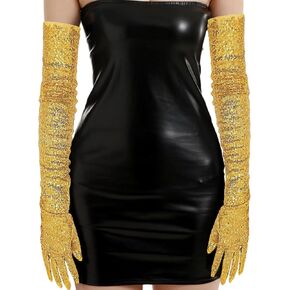 Womens Long Elbow Gloves Retro Shiny Sequin Stretchy Gloves Opera Party Gloves Evening Dancing Prom Wedding Glove