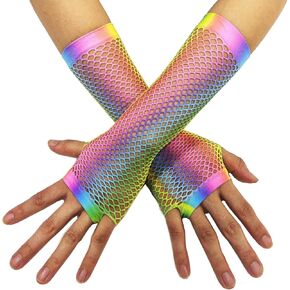 Womens Rainbow Fishnet Fingerless Gloves 1980's Theme Party Halloween Costume Accessories